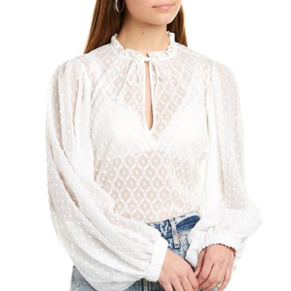 ALICE + OLIVIA JULIUS SILK BLEND BLOUSE PUFFED SLEEVES SWISS DOT DESIGN SIZE M